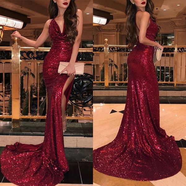 

sparkly burgundy mermaid evening dresses v neck sequined side split prom gowns plus size formal party cooktail dress special occasion, Black;red