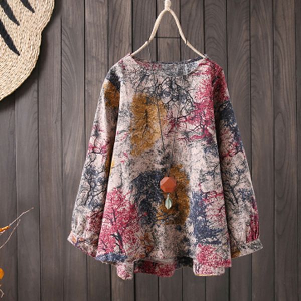 

2019 plus size tunic women vintage print linen blouse female long sleeve shirt elegant casual party v neck work blusas 5xl, White