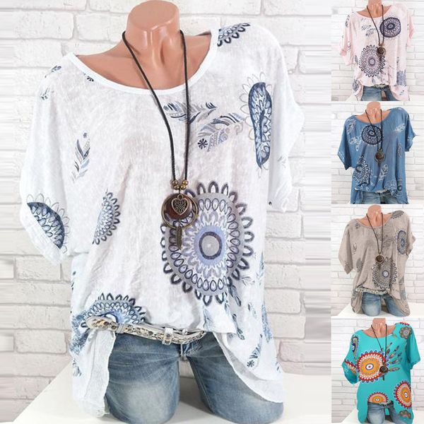 

blouse 2019 women's round collar printing sequins short sleeve short sleeve women plus size female clothes#5, White