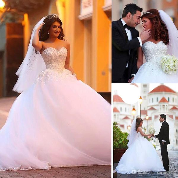 

sweetheart neckline ball gown wedding dresses with beadings & rhinestones full ball gown skirt flows bridal dresses, White