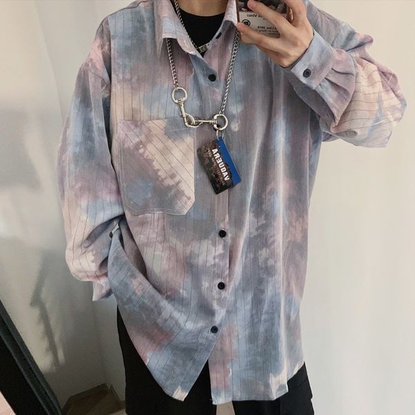 

2020 весной и осенью новый молодежный ins корейский хип-хоп личность tie-краситель сыпучие рубашку с длинными рукавами мода повседневная руб, White;black