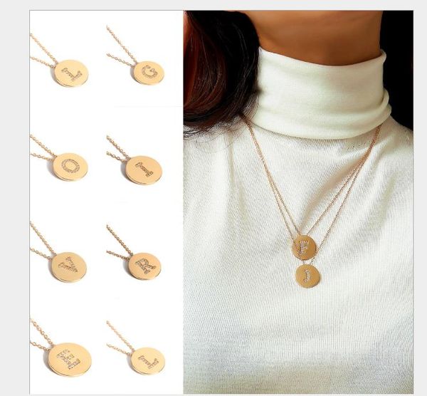 

jewelry simple zircon round necklace sweater chain female personality 26-letter micro-inlaid pendant necklace, Silver