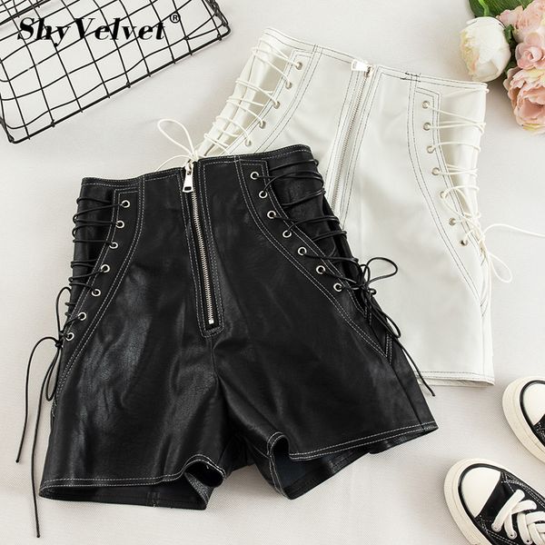 

autumn winter bandage high waist pu shorts women wide leg shorts black white faux leather short pants punk female booty, White;black