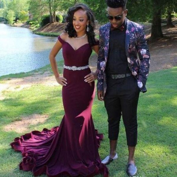 

off the shoulder purple mermaid evening dress sheer jewel neck beaded sashes mother of the bride dresses dubai evening dress, Black;red