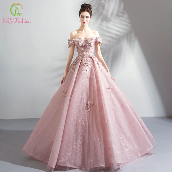 

ssyfashion new luxury lace evening dress sweet pink appliques beading floor-length formal dresses elegant banquet party gown, White;black