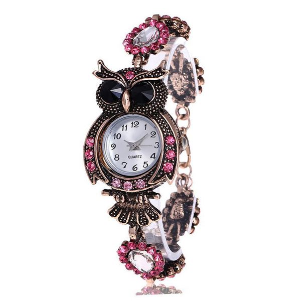 

vintage women rhinestone owl quartz bracelet watch beautiful wristwatch girls jewelry gifts lxh, Slivery;brown