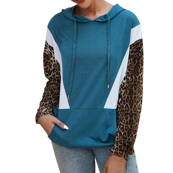 

casual long sleeve leopard pocket hoodies ladies womens hooded patchwork sweatershirt drawstring hoody mikina s kapucÃ­, Black