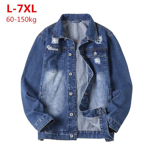 

plus size men's frayed jeans jacket 2020 new men's plus size 6xl 7xl denim jackets spring autumn men casual cowboy coat 60-150kg, Black;brown