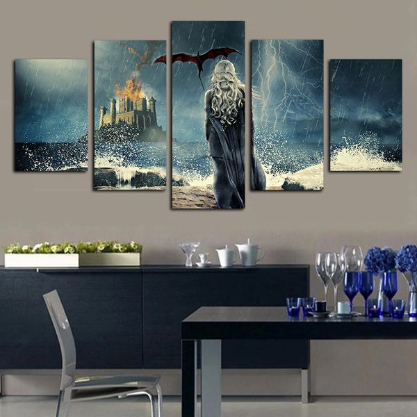 

5 panels flying eagle castle paintings pictures print on canvas wall art paintings wall artworks lightning ocean poster for living room deco
