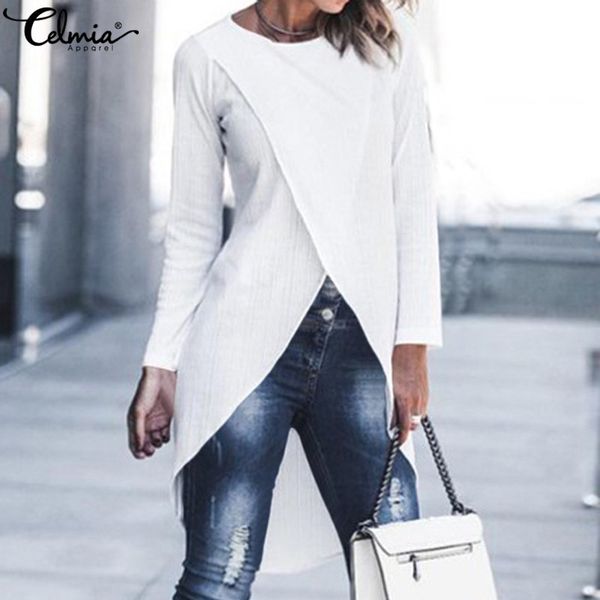 

celmia plus size women fashion long sleeve casual blouse celmia loose asymmetric tunic solid knitted shirts party blusas 5xl, White