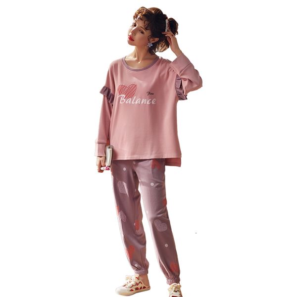 

spring women pajamas 100% cotton pajama set long sleeve round neck sleepwear big size two pieces set girls pijama, Black;red
