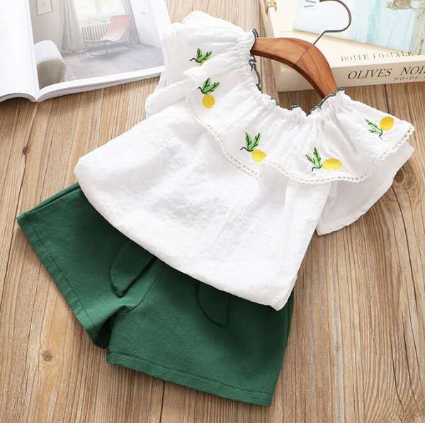 

baby girl clothes summer suits short t-shirts and fashion shorts middle and small kids clothing lotus collar embroidered clothing, White