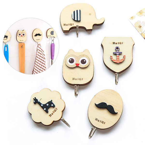 

5pcs cute cartoon adhesive hooks bathroom kitchen wooden wall hooks no nail sticky hangers reusable utility towel bath
