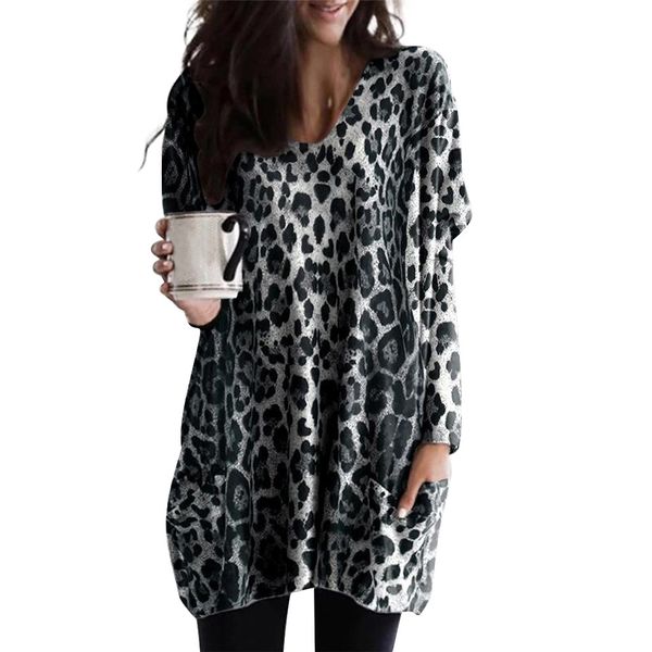 

5xl women casual plus size and blouses v-neck leopard print pocket blouse long sleeve blusas mujer de moda 2019, White