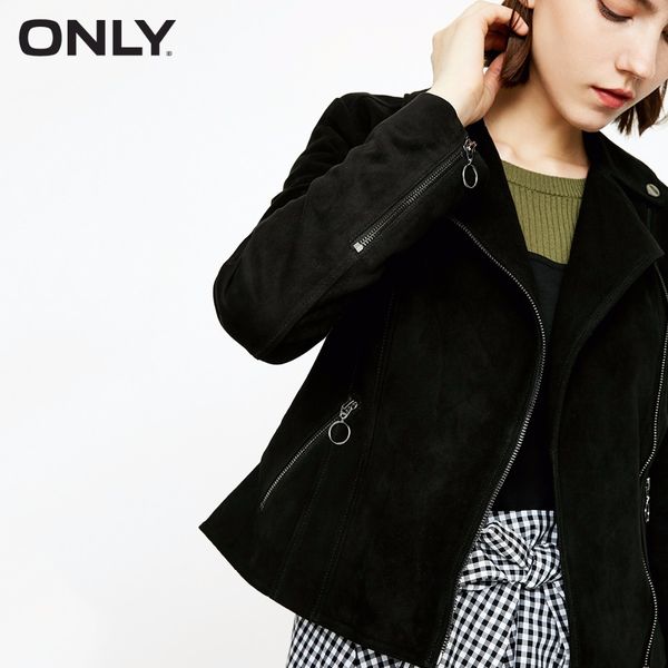 

only women's suede slim fit zipped cuffs short jacket |118310501, Black