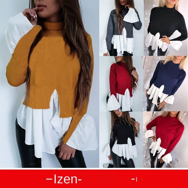 

женская дизайнерская футболка раффлед шить высокий воротник с длинным рукавом футболка нерегулярные топ, White