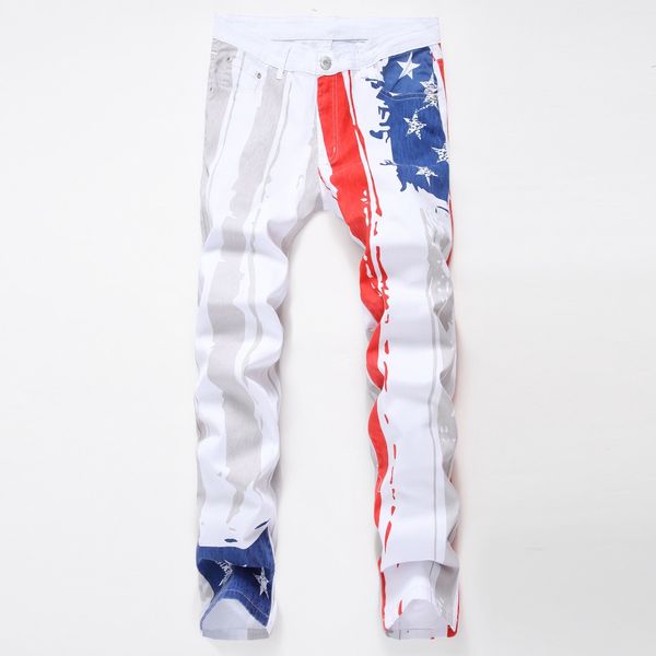 

casual jeans men american flag painted straight biker jeans fashion pant male denim pant plus size 42, Blue