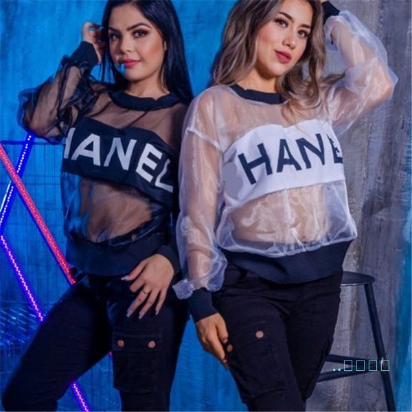 

women design trend fashion t-shirt polyester organza branded letter printed see-through blouses women beach cover up c62608, White