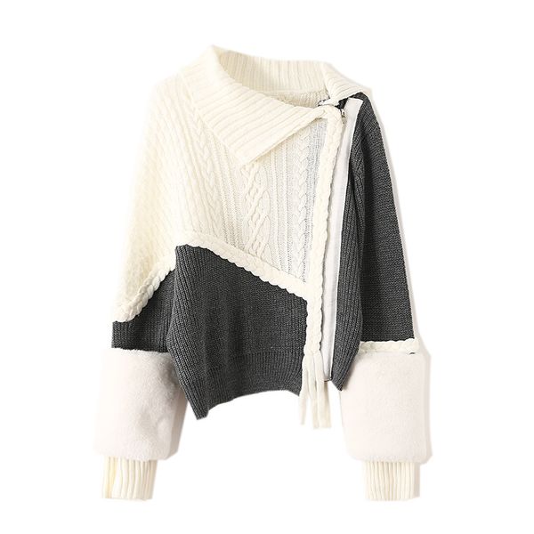 

women sweaters autumn winter irregular color patchwork twist side zipper fur patchwork knitted outerwear ta1152, White
