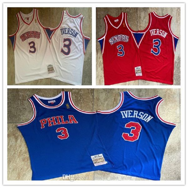 

philadelphia 76ers men allen iverson #3 white 1996-97 hardwood classics authentic basketball jersey 02, Black;red