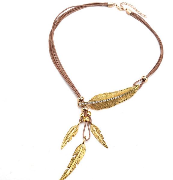 

european and american designer feather leaf inlaid drill black leather rope multi-layer fringed necklace lady clavicle chain sweater chain a, Silver