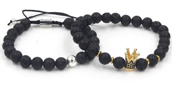 

8mm 2pcs/lot jh4 gold silver copper cz zircon cubic zirconia elastic crown black stone volcanic lava bracelet bangles