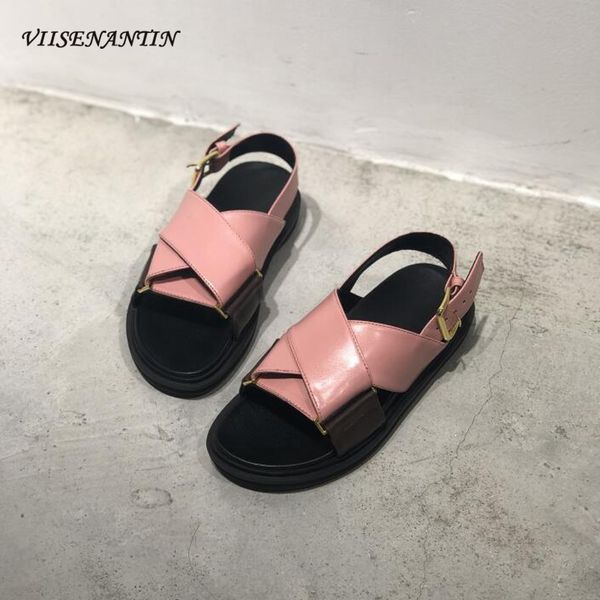 

viisenantin real leather women new coming sandal shoe flat platform cross belt back strap shoe pink white roman sandalias, Black