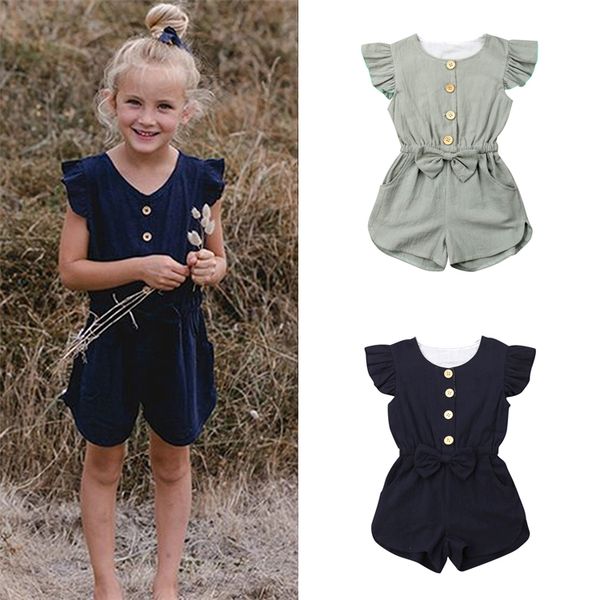 

summer girl kids clothes 2 colors pure color single row buckle romper bows flying sleeve jumpsuit kids designer clothes girls jy346, Blue