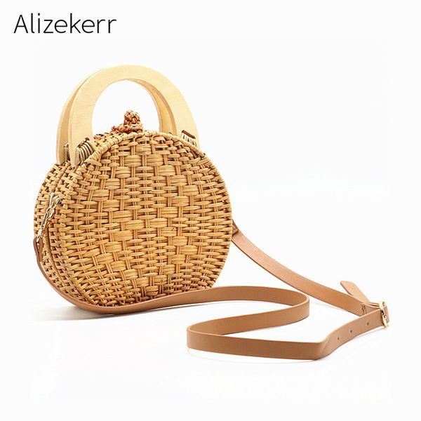 

straw handbag women wooden hand-woven handle beach bag circular knitting bags travel tote straw bags for women crossbody bag