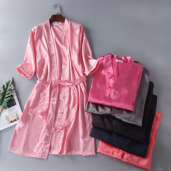 

spring silk bathrobe half sleeve solid emulation silk robes womens robes sleepwear satin dress bath satin robe dressing gown, Black;red