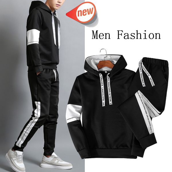 

2019 new fashion men's casual sweatshirts pullover cotton men tracksuit hoodies two piece+pants sport shirts autumn winter set, Black;blue