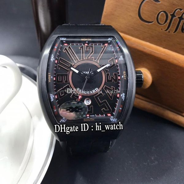 

new vanguard yachting v45 automatic mens watch pvd steel all black dial rose gold big number marker black leather rubber strap hi_watch e153, Slivery;brown