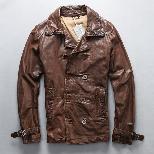 

autumn genuine leather jacket men lapel vegetable tanned goatskin jacket business casual double breasted men's motorcycle, Black