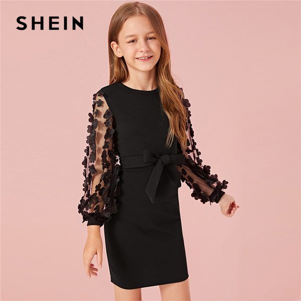 

shein kiddie black girls mesh appliques sleeve cute dress with belt kids 2019 autumn long sleeve zipper back bodycon dresses, Red;yellow