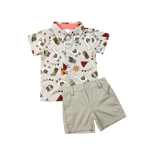 

summer toddler kids baby boy gentleman clothes short sleeve print shirt grey shorts pants outfit set, White