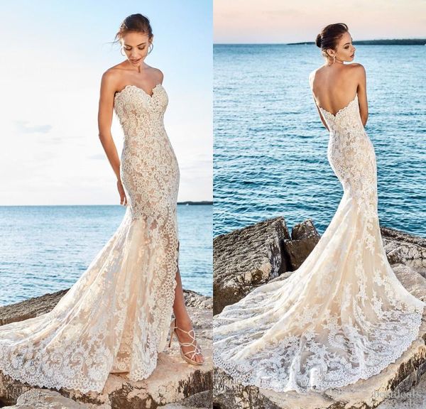 

2019 Newest Sexy Mermaid Beach Lace Wedding Dresses Sweetheart Slit Front Low Back Bridal Gowns Vestidos De Noiva Custom Made