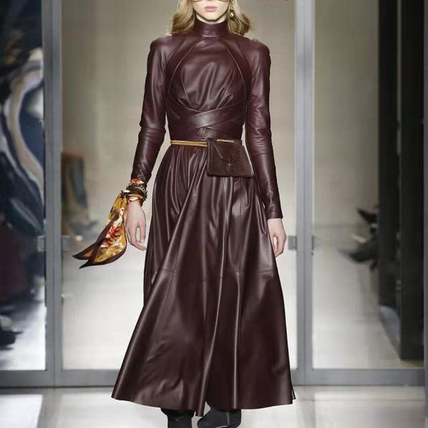 

высокое качество взлетно-посадочной полосы твердые женщины слово искусственная кожа pu платье с длинным рукавом высокой талией с поясами нер, Black;gray