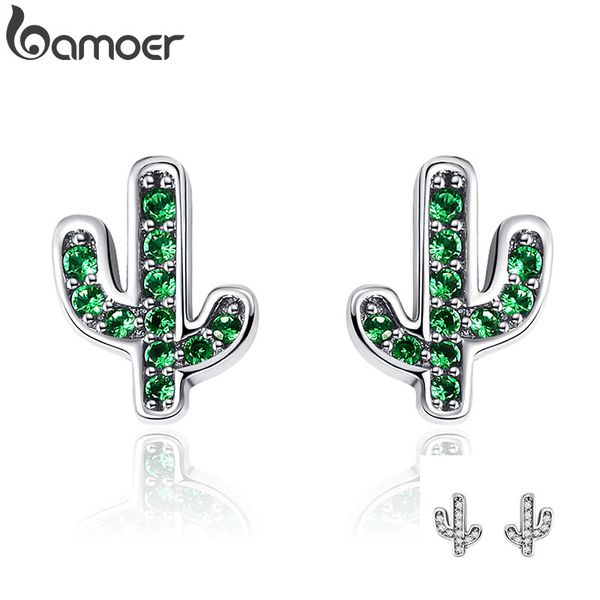 

bamoer 925 sterling silver dazzling green cactus crystal stud earrings for women authentic silver jewelry bijoux sce097, Golden;silver