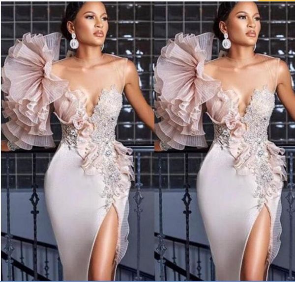 

2020 new short cocktail dresses blush pink lace appliques beaded flowers side split satin knee length party gowns homecoming prom dress, Red