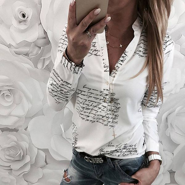 

women shirts 2019 spring summer new long sleeve english alphabet print white blouses v-neck womens blusas feminine blouse