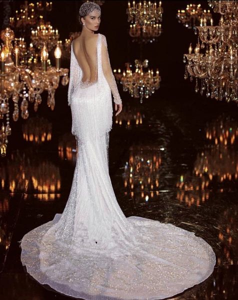 

2019 custom made luxury dubai arabic mermaid wedding dresses with tassels plus size beading crystals court train wedding dress bridal gowns, White