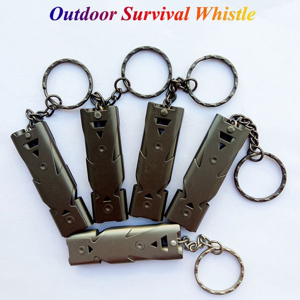 

stainless steel keychain high decibels double tube whistle emergency survival sos camping outdoor lifesaving whistles keyring bag decor, Silver
