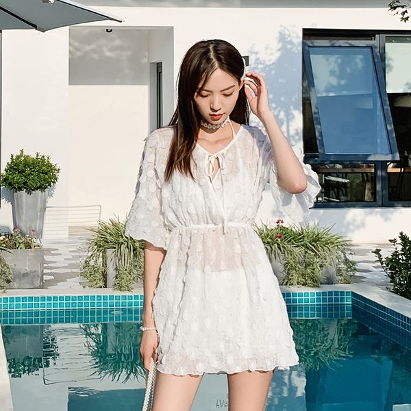 

bikini swim female 2020 fairy fan lace split swimsuit three-piece suit slim spring holiday bikini, White;black