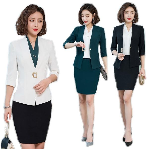 

new 2020 white blazer for women skirt suits business work wear sets half sleeve jacket sets ladies complete office outfit women, White;black