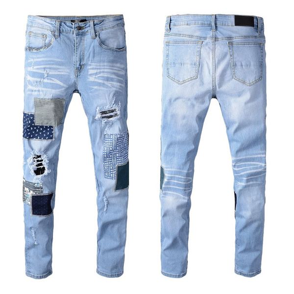 

19fw famous mens stylist jeans men women motorcycle biker fashion ripped jeans all-match slim fit mens skinny jeans denim sweatpants, Blue
