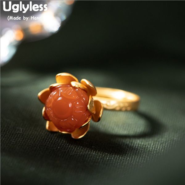 

uglyless gold plated real 925 sterling silver lotus flower rings for women natural agate floral lotus open ring gemstones r793, Golden;silver