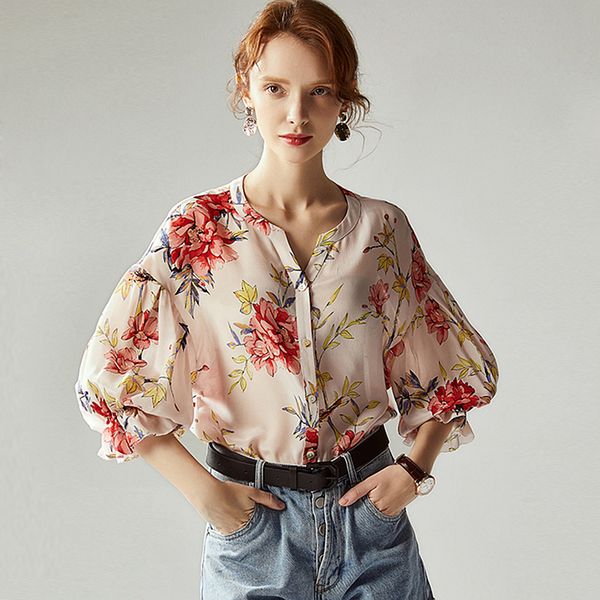 

100% silk blouse women shirt non-positioni printed blouses design long sleeves office work graceful new fashion, White