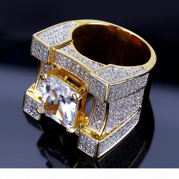 

personalized new 18k gold plated cz cubic zirconia hip hop bling rings diamond jewelry for men 24mm size 7 to 11 comfort fit wholesale, Golden;silver