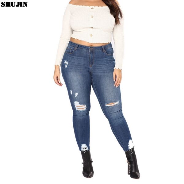 

shujin 2019 jeans women pencil pants vintage high waist hole ripped denim casual button stretch trousers large size 7xl, Blue