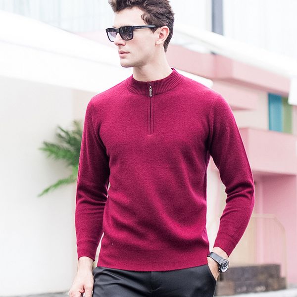 

new mens 100% pure wool half height zipper thickened collar sweater autumn winter casual computer knitted sweatercoat size s-2xl, White;black